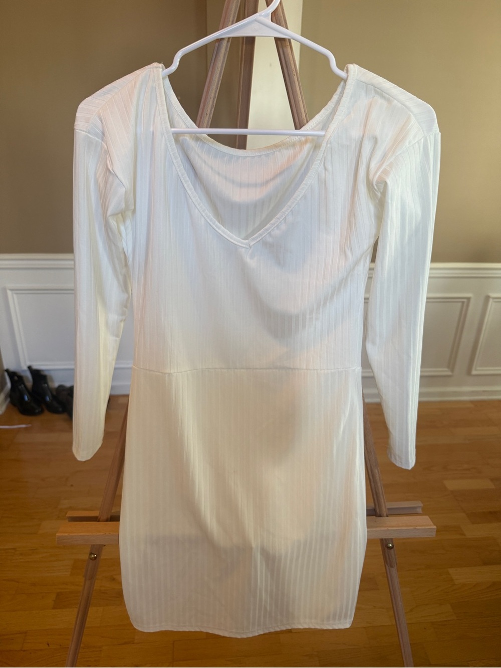 Fitted Ribbed V-Neck Long Sleeve Mini Dress - Cream